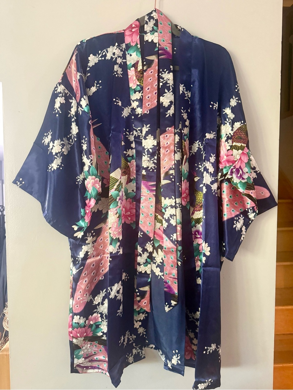 Navy Blue Satin Peacock Kimono Robe - Floral Dressing Gown Plus Size XXL